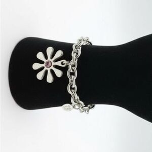 Cookie Lee Daisy Charm Bracelet, Silver Tone Chunky Chain - Y2K